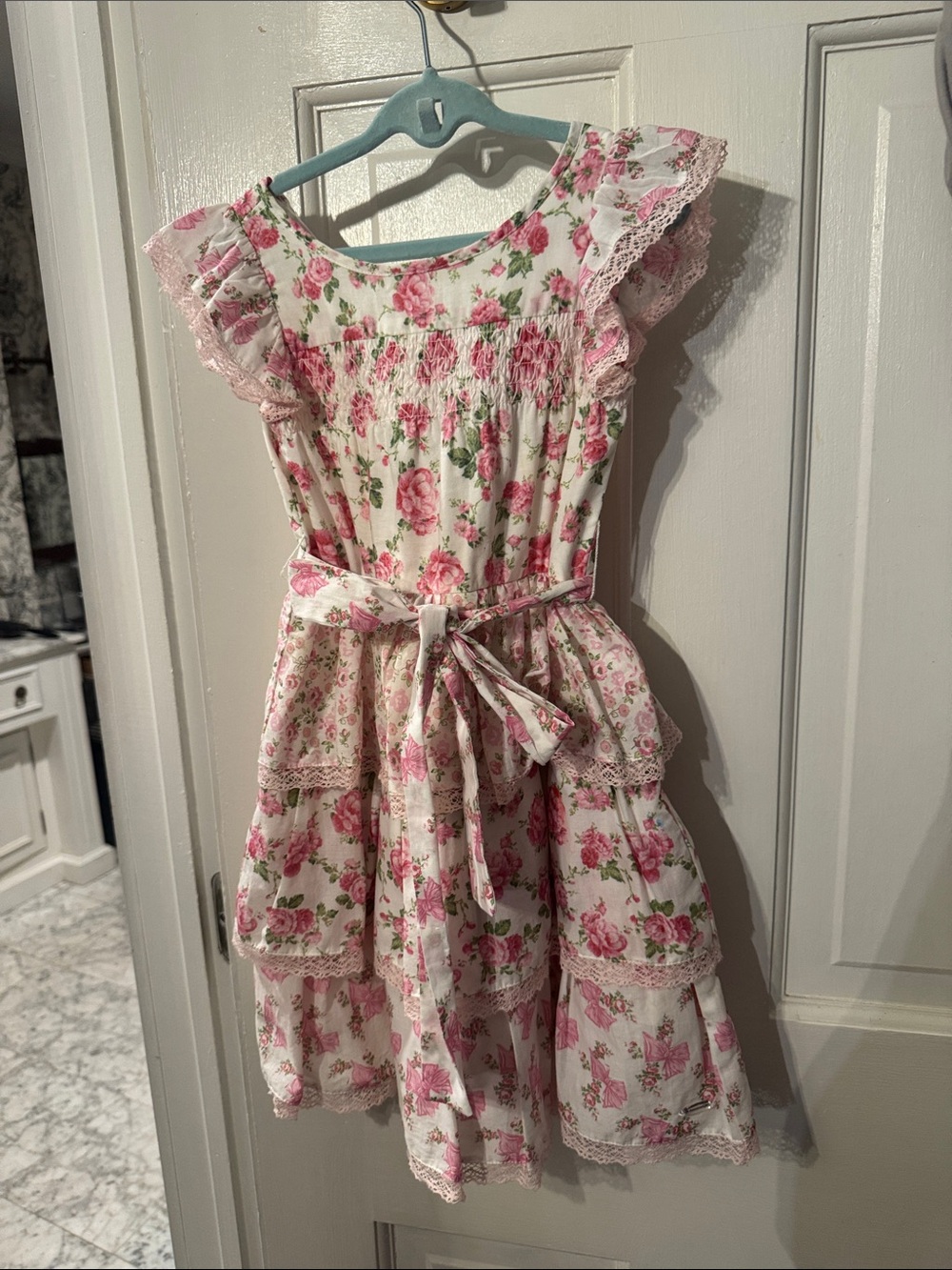 Pink Floral Lace-Trim Girls Tiered Dress with Waist Tie